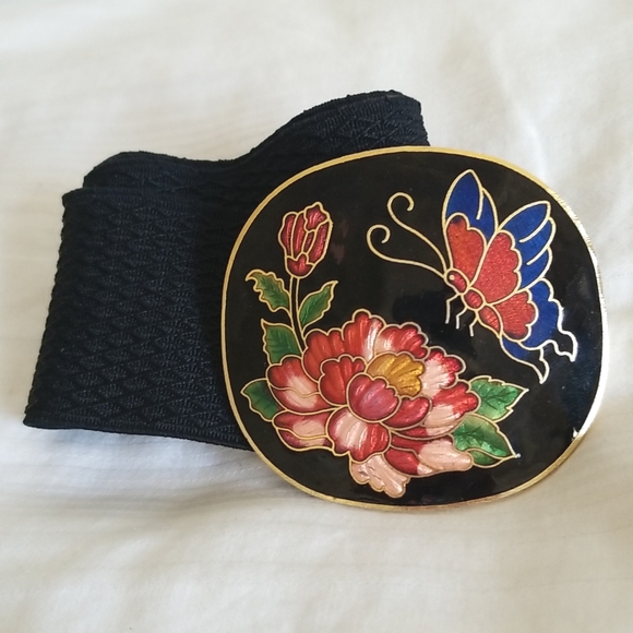 Vintage Cloisonne Belt Butterfly Flower Black